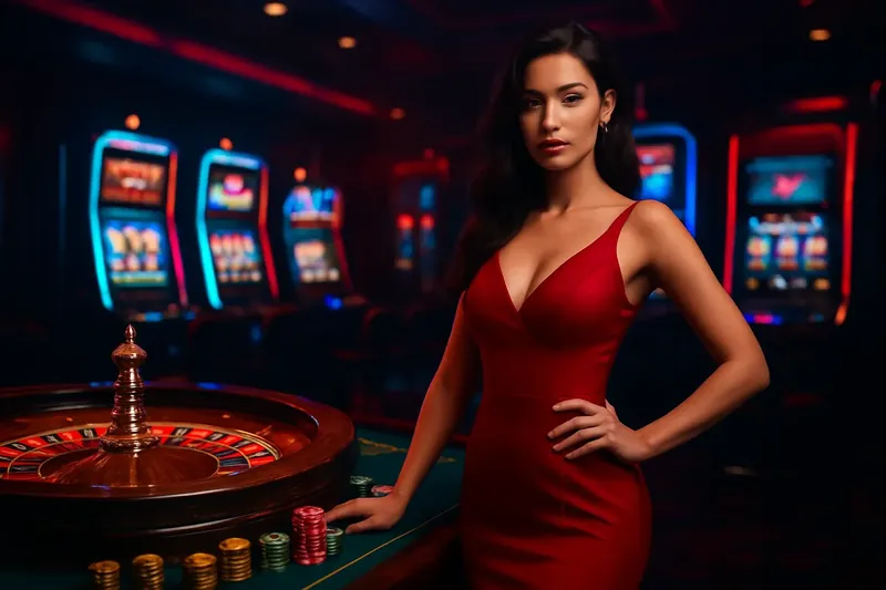 Beautiful woman in red dress posing confidently near roulette and slot machines in a luxurious Bangladeshi casino with neon accents, gold coins, and poker chips