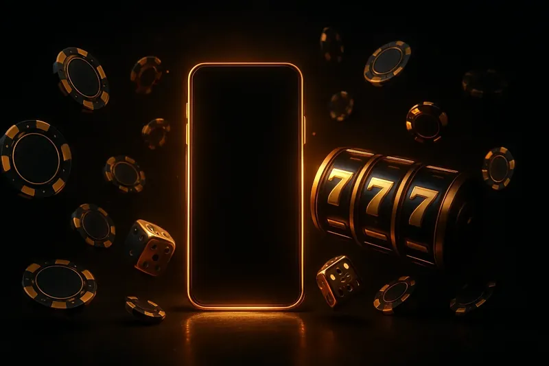 Panoramic banner with glowing smartphone, casino chips, slot reels, and dice on dark gold background